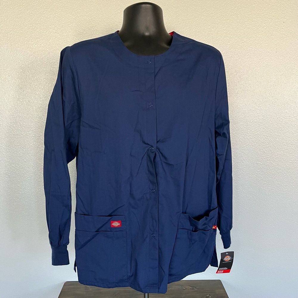Dickies Blue Scrub Jacket Unisex S Snap Button Utility Long Sleeves Medical NWT